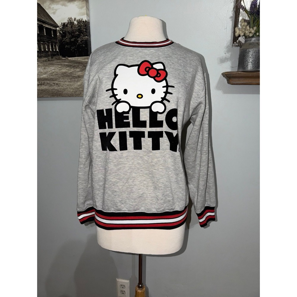 Hello Kitty Sanrio gray striped ribbed‎ trim crew neck sweatshirt womens medium
